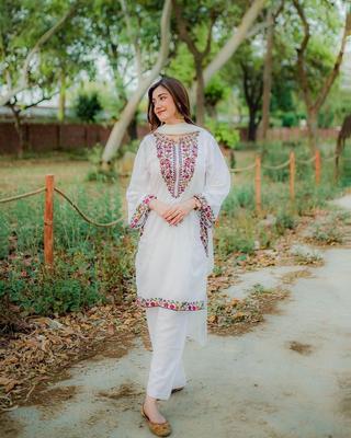 2 Pcs Women's Stitched Linen Sequins Embroidered Shirt And Trouser