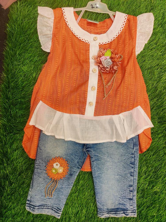 2 Pcs Girl's Cotton Lawn Plain Shirt And Denim Jeans Set