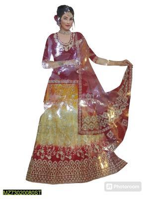 3 Pcs Women's Stitched Net Embroidered Lehengaa