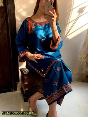 2 Pcs Women's Stitched Lawn Embroidered Shirt And Trouser - Blue