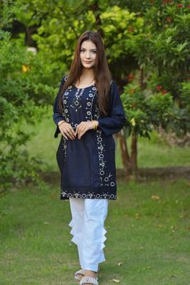 2 Pcs Women's Stitched Cotton Embroidered Shirt And Trouser