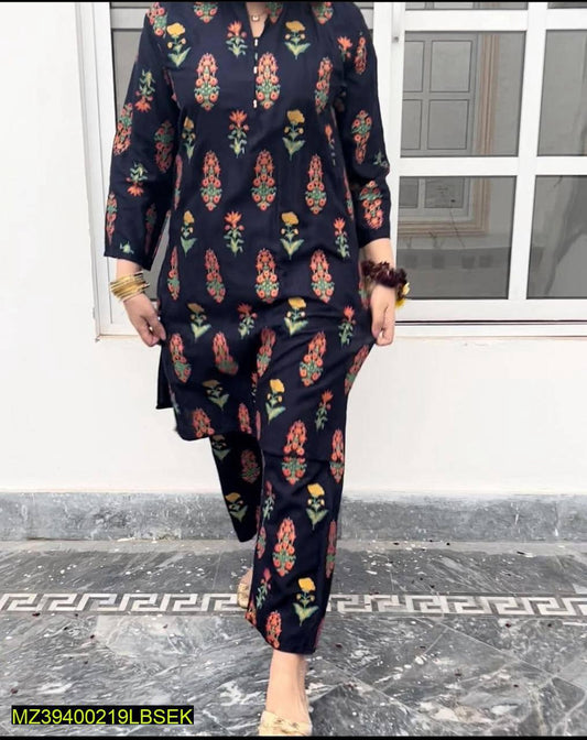 2 Pcs Women's Stitched Linen Printed Suit