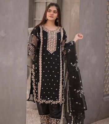 3 Pcs Women's Stitched Organza Embroidered Suit