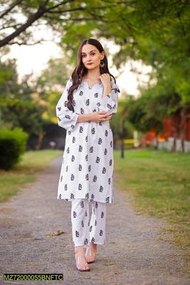 2 Pcs Women's Stitched Linen Printed Suit