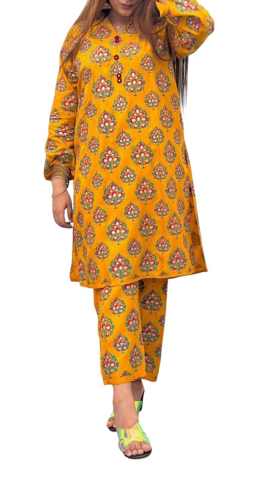 2 Pcs Women's Stitched Linen Block Printed Shirt And Trouser