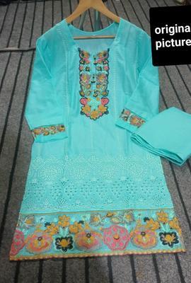 2 Pcs Women's Stitched Cotton Lawn Embroidered Shirt And Trouser