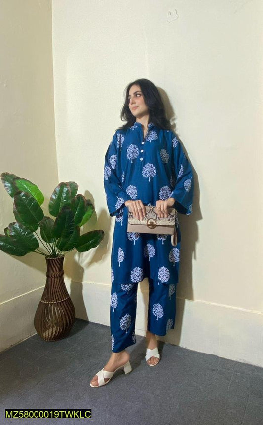 2 Pcs Women's Stitched Linen Printed Suit