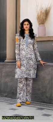 2 Pcs Women's Unstitched Lawn Printed Suit