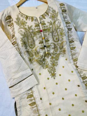 2 Pcs Women's Stitched Paper Cotton Embroidered Suit