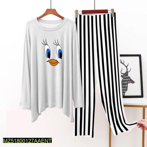 2 Pcs Women's Stitched Jersey Printed Sleepwear, White Tweety