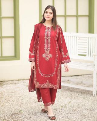 2 Pcs Women's Stitched Cotton Embroidered Shirt And Trouser