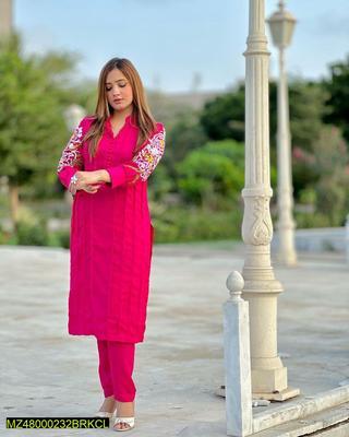 2 Pcs Women's Stitched Arabic Lawn Embroidered Suit