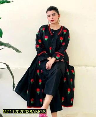 2 Pcs Women's Stitched Silk Embroidered Gown Shirt And Trouser