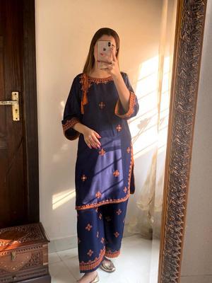 2 Pcs Women's Stitched Lawn Embroidered Shirt And Trouser - Dark Blue