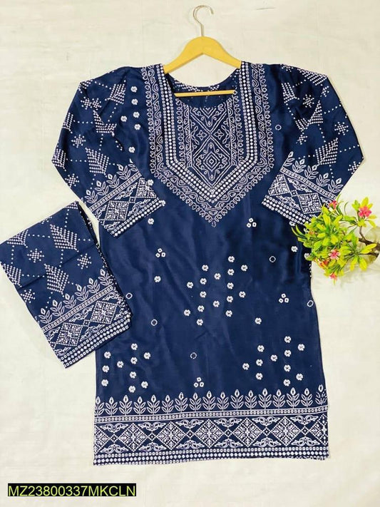 2 Pcs Women's Stitched Linen Printed Suit