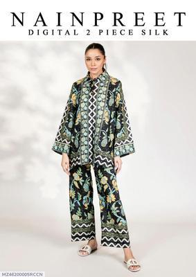 2 Pcs Women's Stitched Silk Digital Print Shirt And Trouser