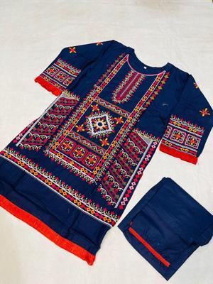 2 Pcs Women's Stitched Cotton Embroidered Shirt And Trouser