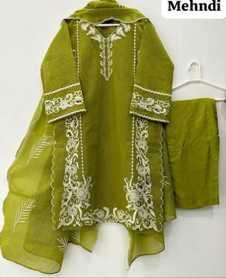 3 Pcs Women's Stitched Organza Embroidered Suit