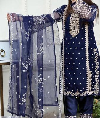 3 Pcs Women's Stitched Organza Embroidered Suit