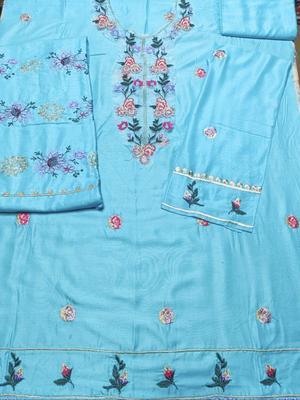 2 Pcs Girl's Linen Embroidered Shirt And Trouser Suit