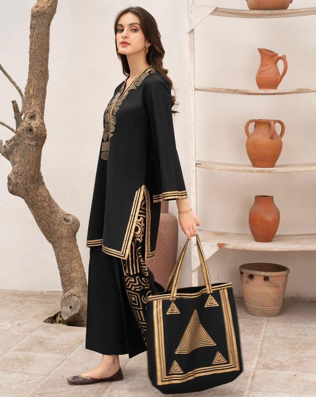 3 Pcs Women's Stitched Linen Printed Suit With Handbag