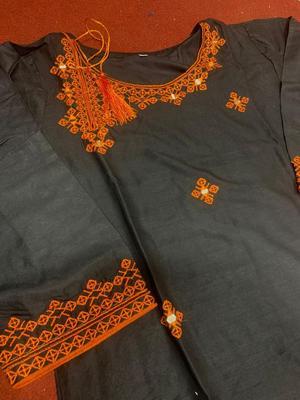 2 Pcs Women's Stitched Arabic Lawn Mirror Work Shirt And Trouser