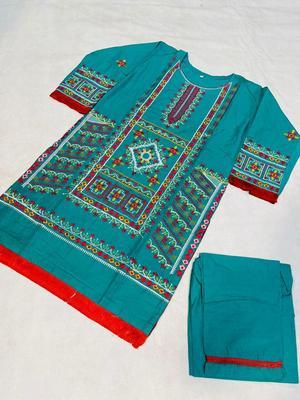 2 Pcs Women's Stitched Cotton Embroidered Shirt And Trouser