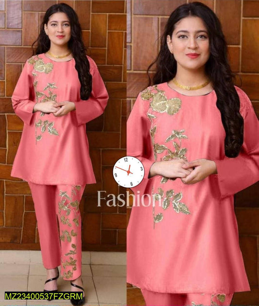 2 Pcs Women Stitched Linen Embroidered Suit