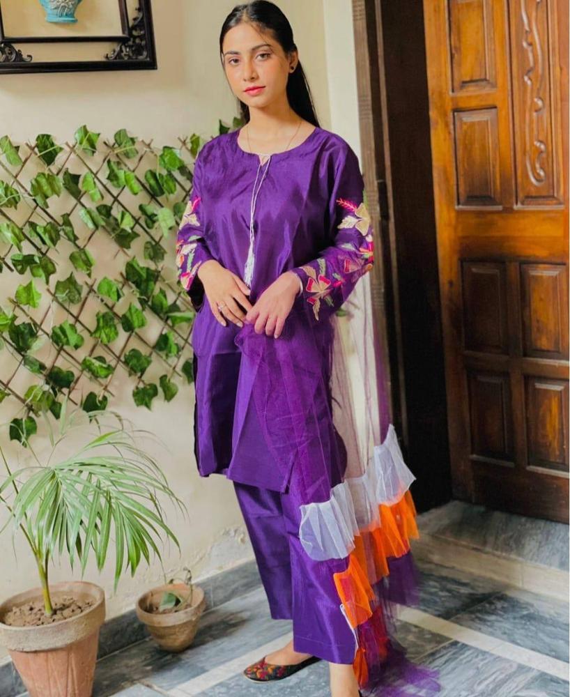 3 Pcs Women's Stitched Fancy Katan Silk Embroidered Suit