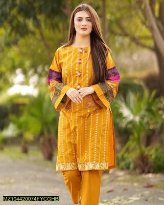 2 Pcs Women's Stitched Cotton Embroidered Shirt And Trouser