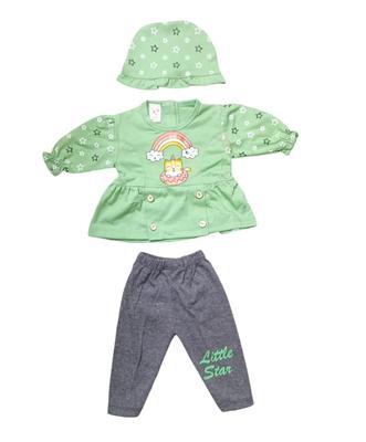 3Pcs Baby Girl Cotton Printed Frock And Trouser Set