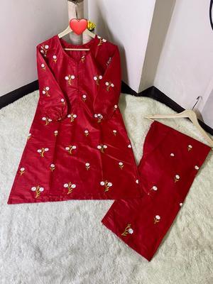 2 Pcs Women's Stitched Cotton Embroidered Shirt And Trouser