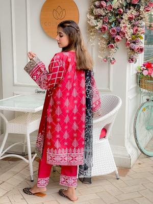 3 Pcs Women's Stitched Silk Embroidered Suit