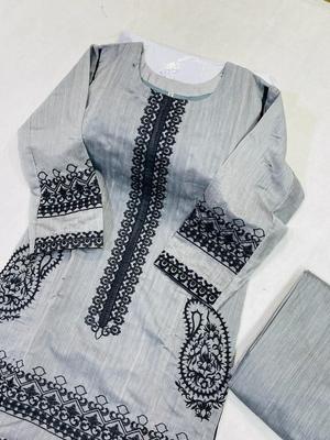 2 Pcs Women's Stitched Paper Cotton Embroidered Shirt And Trouser