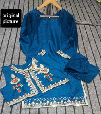 2 Pcs Women's Stitched Cotton Lawn Sequins Embroidered Shirt And Trouser