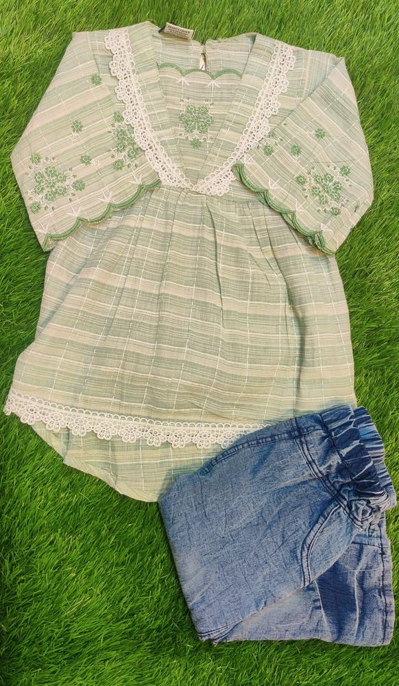 2 Pcs Girl's Cotton Lawn Embroidered Shirt And Denim Pants Set