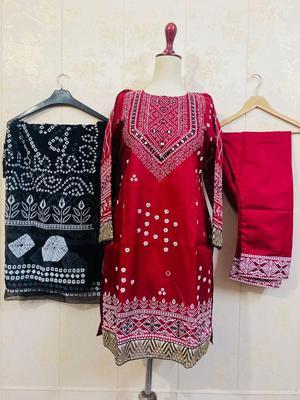 3 Pcs Women's Stitched Silk Embroidered Suit