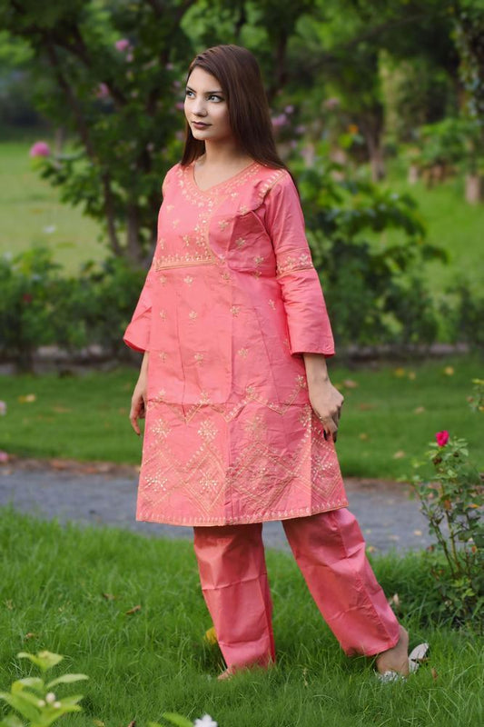 2 Pcs Women's Stitched Cotton Embroidered Frock & Trouser