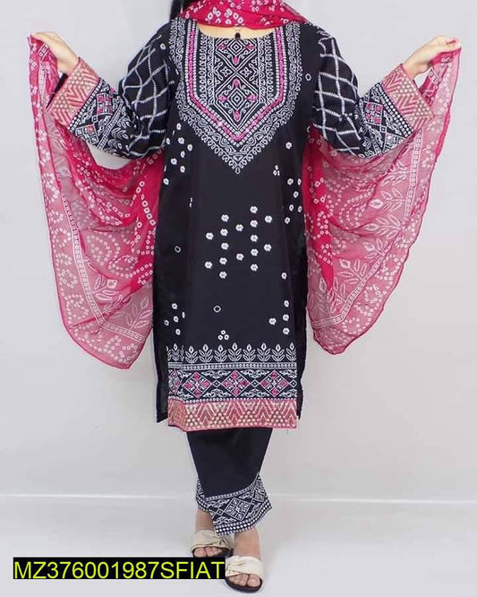 3 Pcs Women's Stitched Katan Silk Embroidered Suit