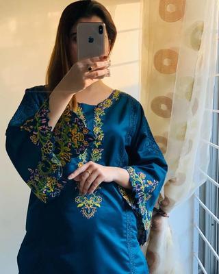 2 Pcs Women's Stitched Khaadi Net Embroidered Shirt And Trouser