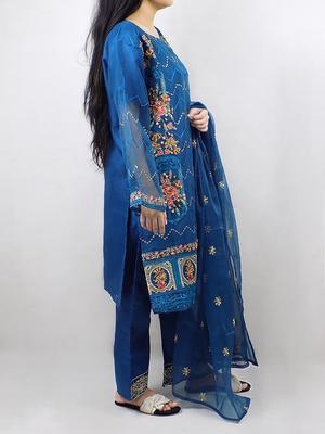 3 Pcs Women's Stitched Organza Embroidered Suit