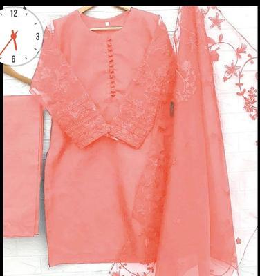 3 Pcs Women's Stitched Organza Embroidered Suit