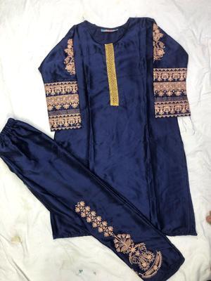 2 Pcs Women's Stitched Katan Silk Embroidered Suit