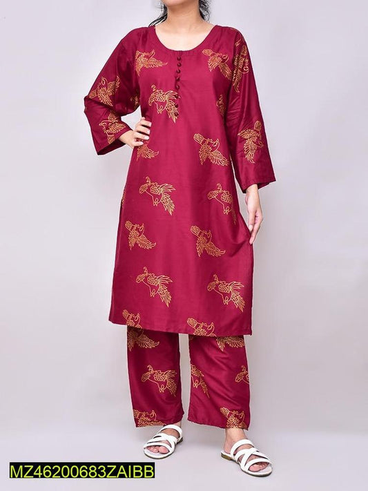 2 Pcs Women's Stitched Linen Printed Suit