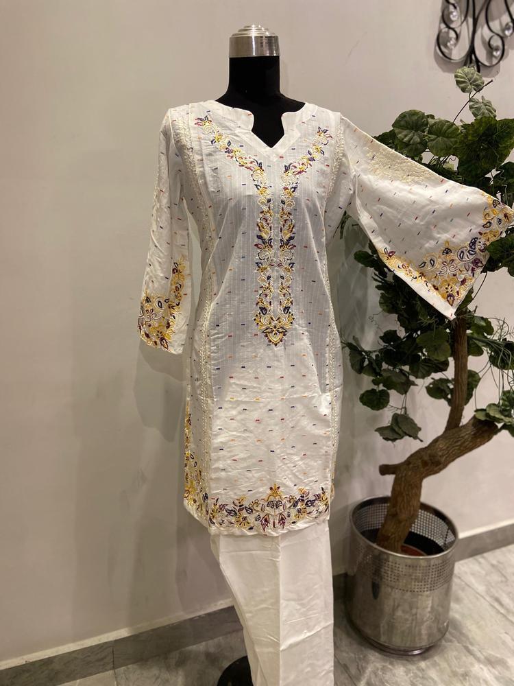 2 Pcs Women's Stitched Cotton Embroidered Shirt And Trouser