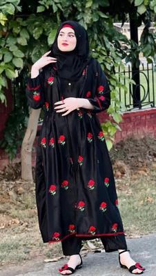 3 Pcs Women's Stitched Katan Silk Embroidered Gown Suit