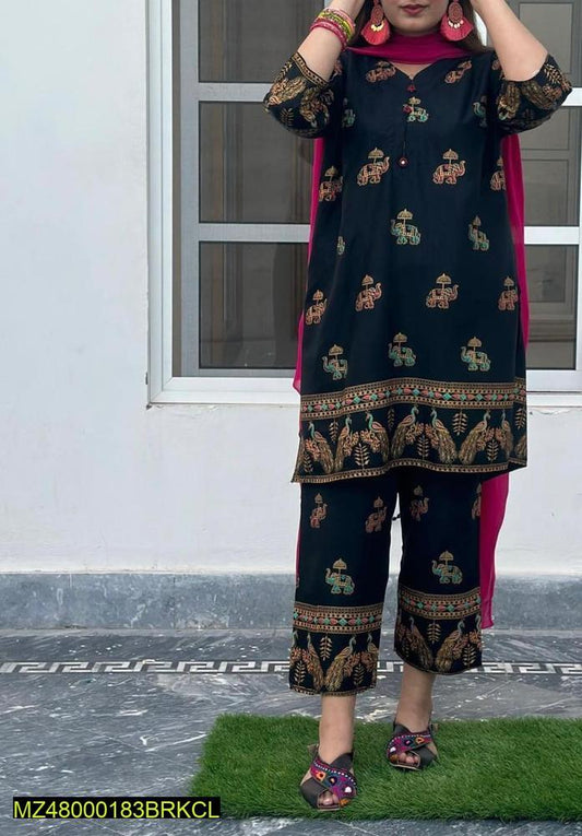 2 Pcs Women's Stitched Linen Printed Suit