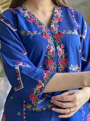 2 Pcs Women's Stitched Cotton Embroidered Shirt And Trouser