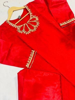 2 Pcs Women's Stitched Katan Silk Embroidered Suit