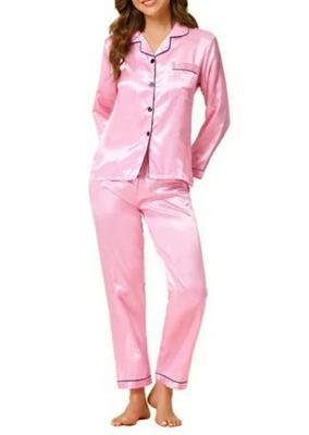 2 Pcs Women's Stitched Silk Plain Night Suit